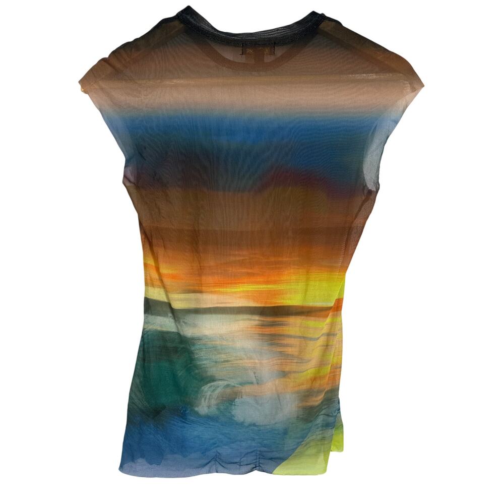 AFRM Nina Top Printed Sheer Mesh Cap Sleeve Crew Neck Ocean Ombre XS - Picture 5 of 12